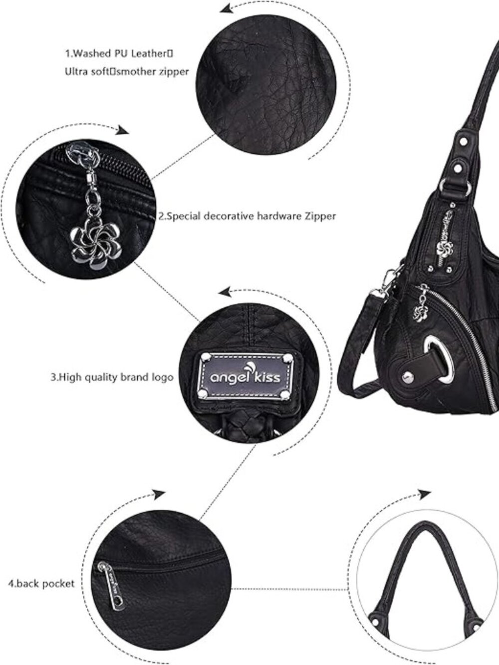 Elegant Black Shoulder Bag, Angelkiss, Soft Vegan Leather - Picture 3 of 6